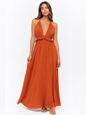 Boho‎ maxi dress, rust orange, open back halter festival vacation beachy flowy
